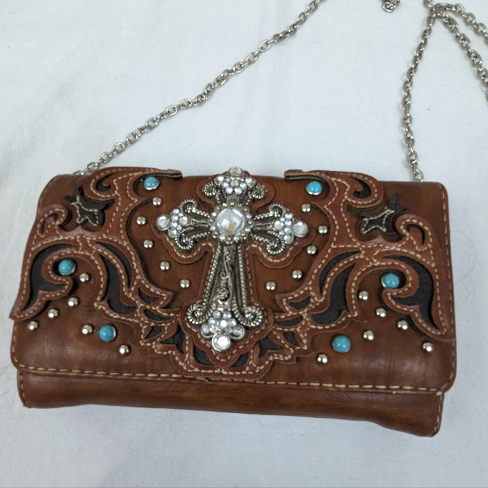 Southwestern Faux Leather Wallet NWOT  Silver, Turquoise & Rhinestones